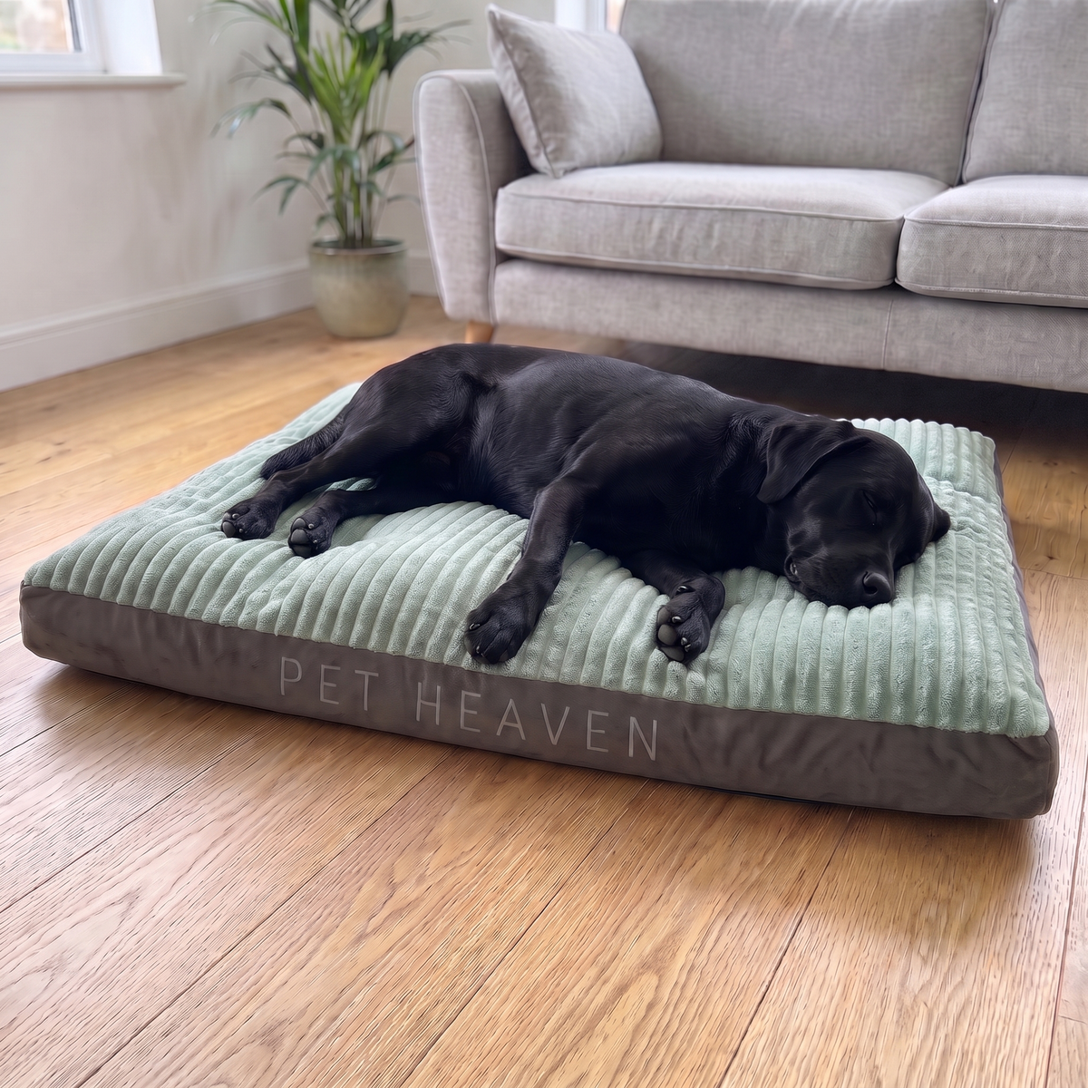 DreamPad – Labrador schläft ausgestreckt auf DreamPad in XL neben dem Sofa