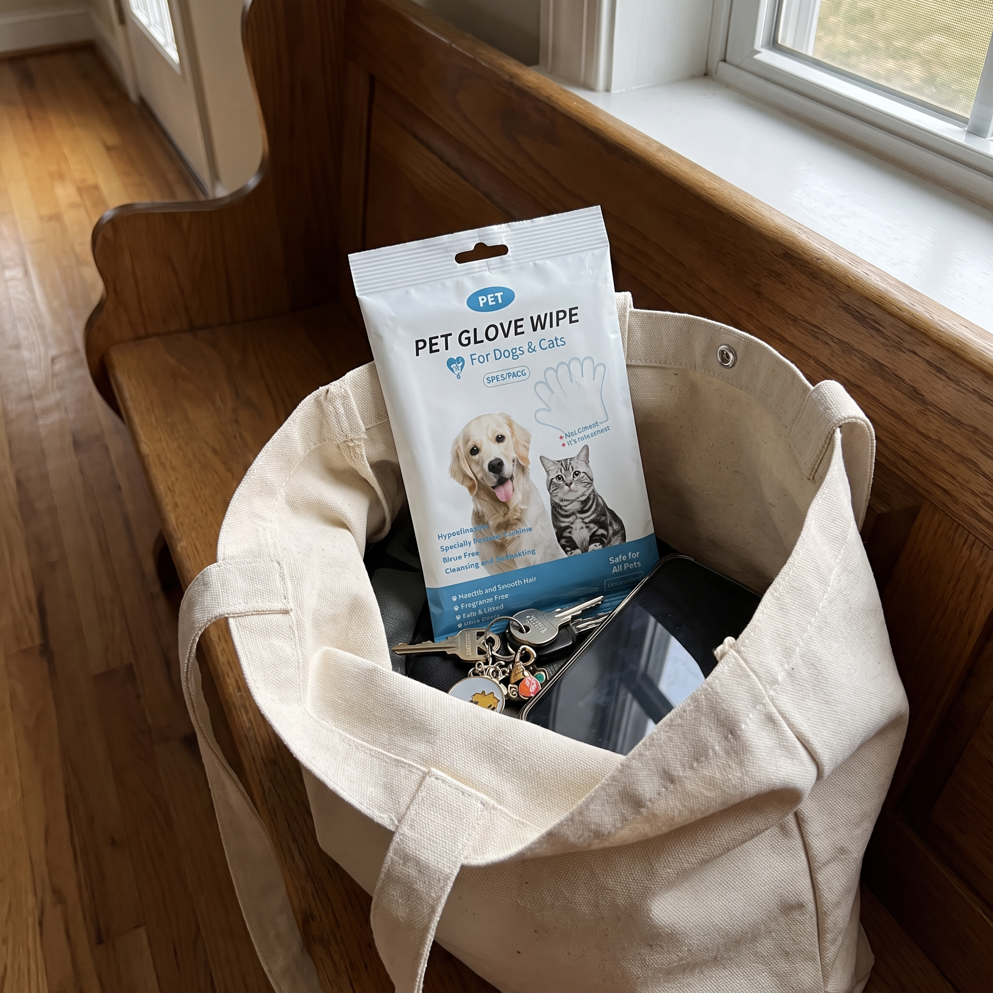 FreshFur Reinigungshandschuh-Packung griffbereit in einer Tasche