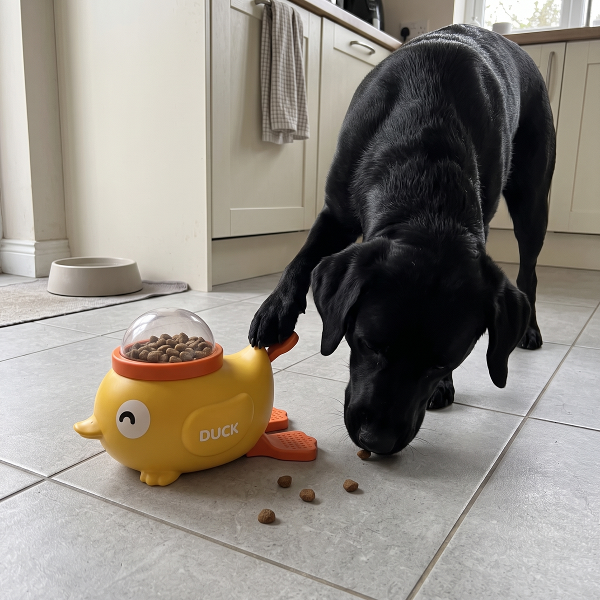 Hund drückt das Pedal von Quacki und frisst einzelne Futterstücke
