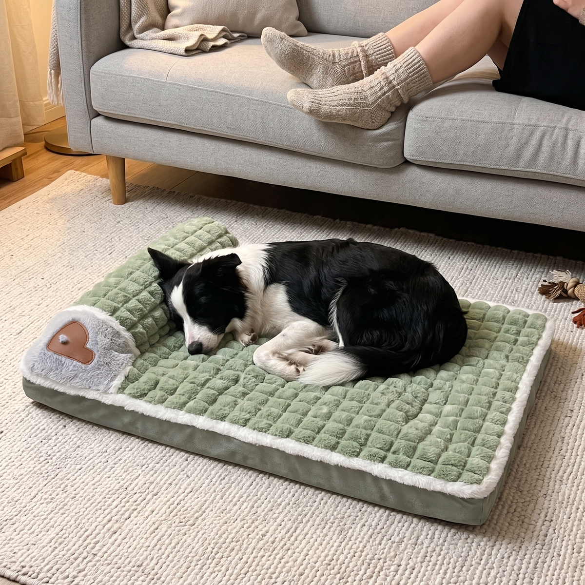 Border Collie schläft auf der SnugPad Hundematte neben dem Sofa