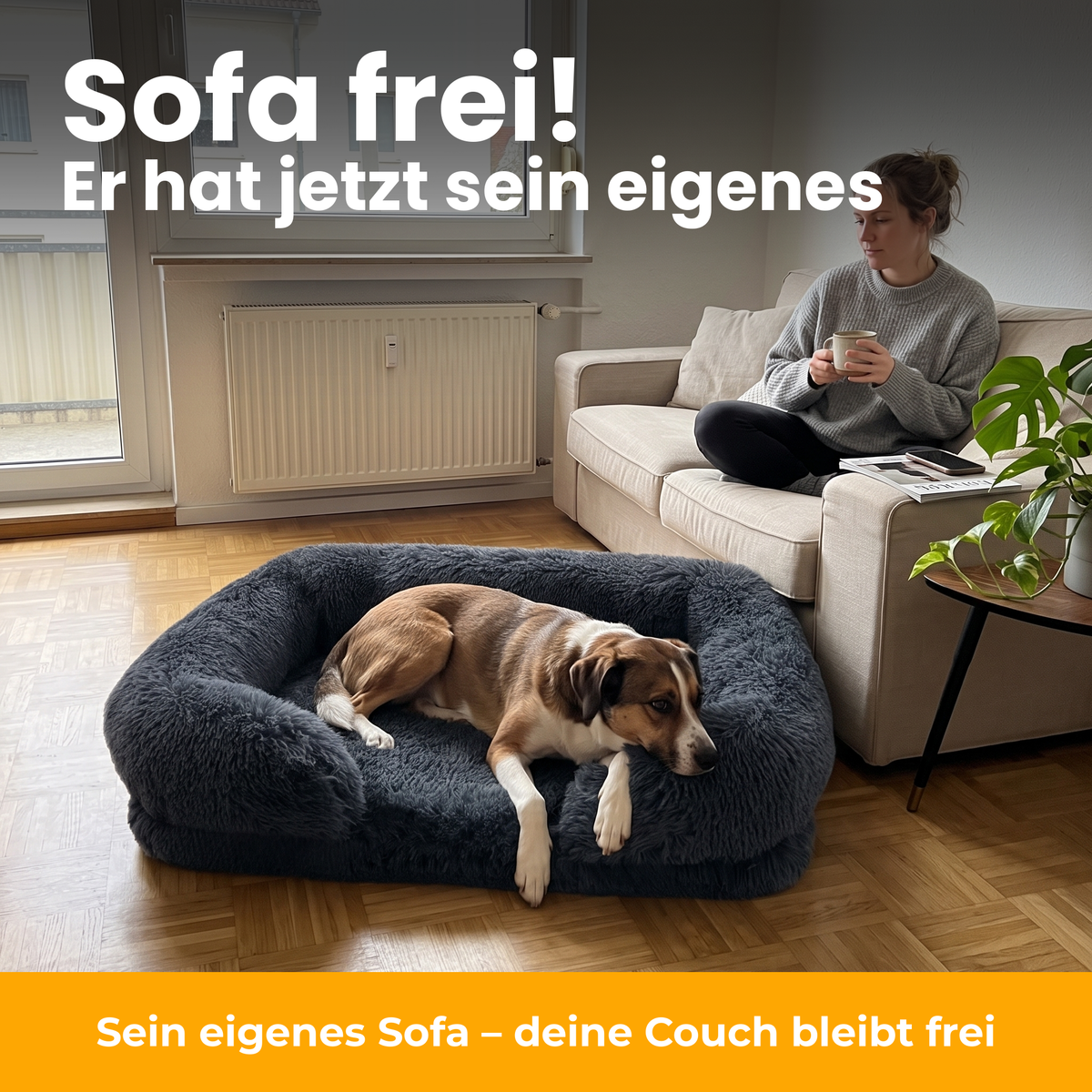 [de] CloudCouch – Hund liegt im CloudCouch Sofa-Hundebett vor der Couch