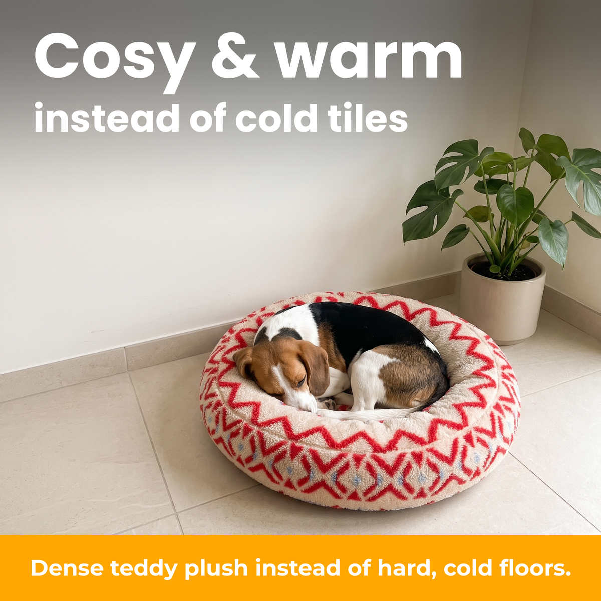[en] CozyRing – Beagle asleep in the Ethnic Red bed in a calm corner next to a plant
