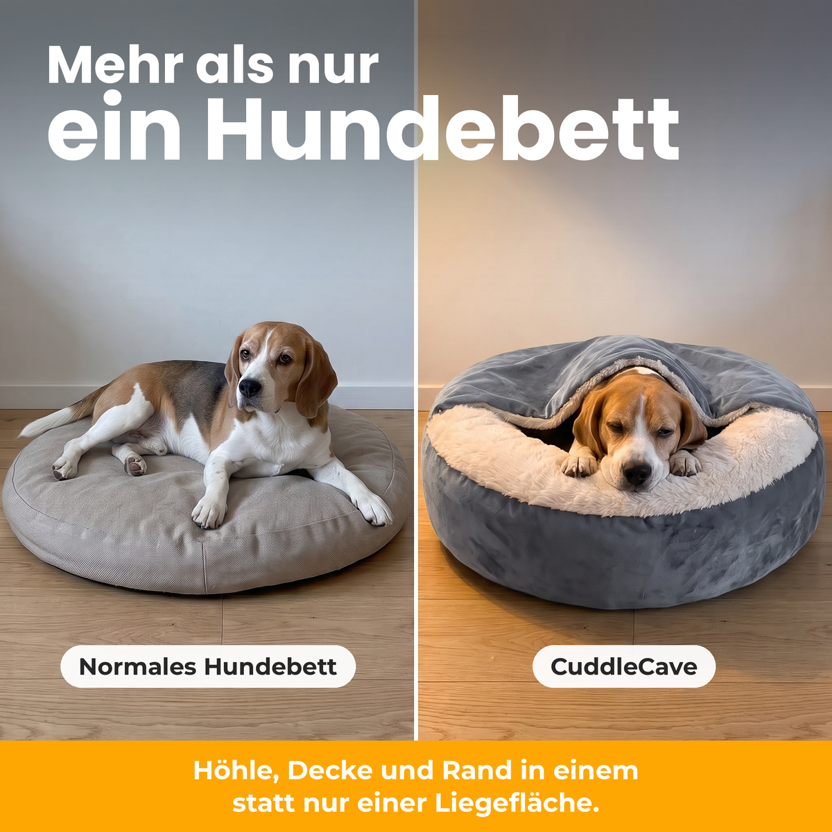 [de] CuddleCave – Vergleich: normales Hundebett und CuddleCave mit angenähter Decke