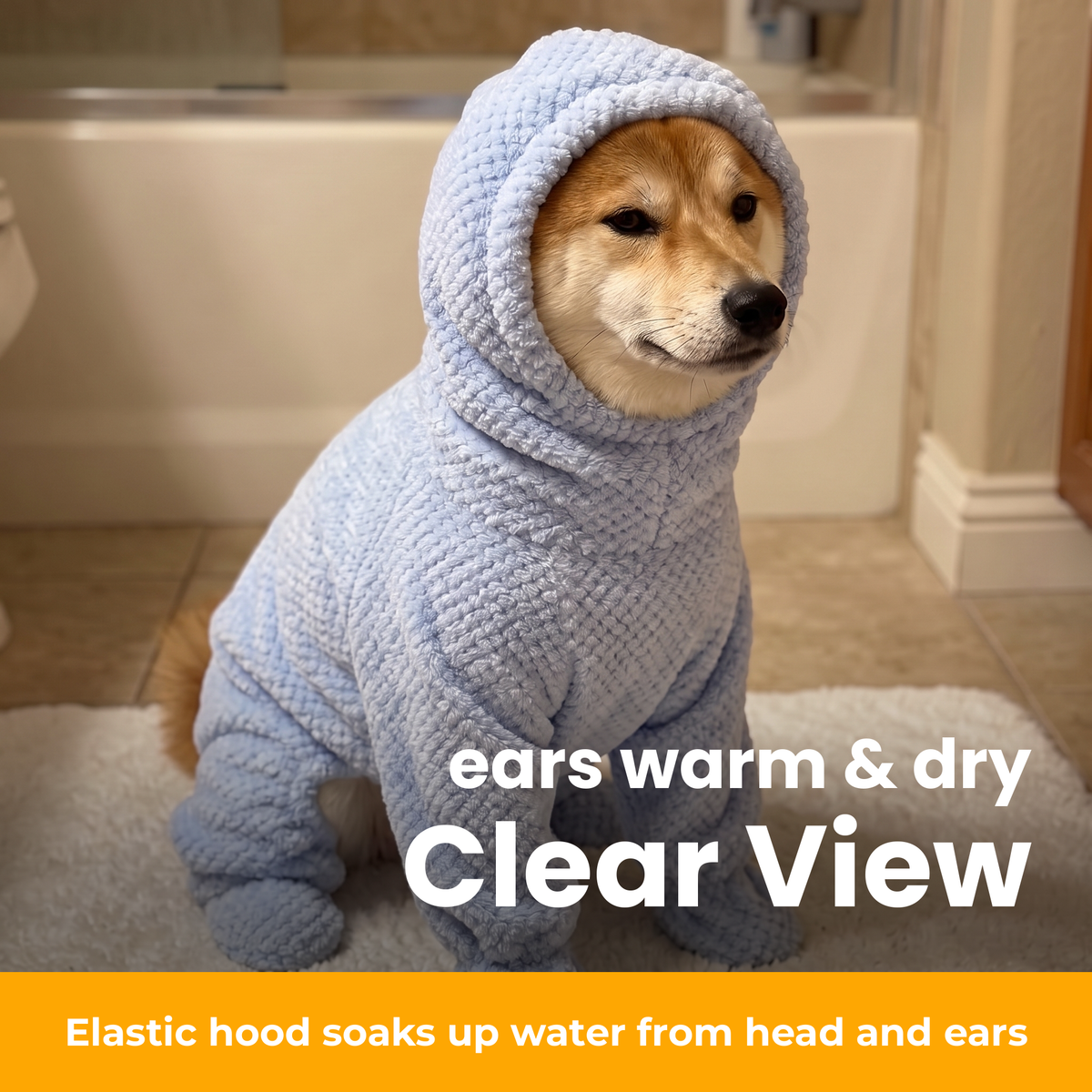 [en] FluffDry dog bathrobe – hood: ears warm & dry, clear view