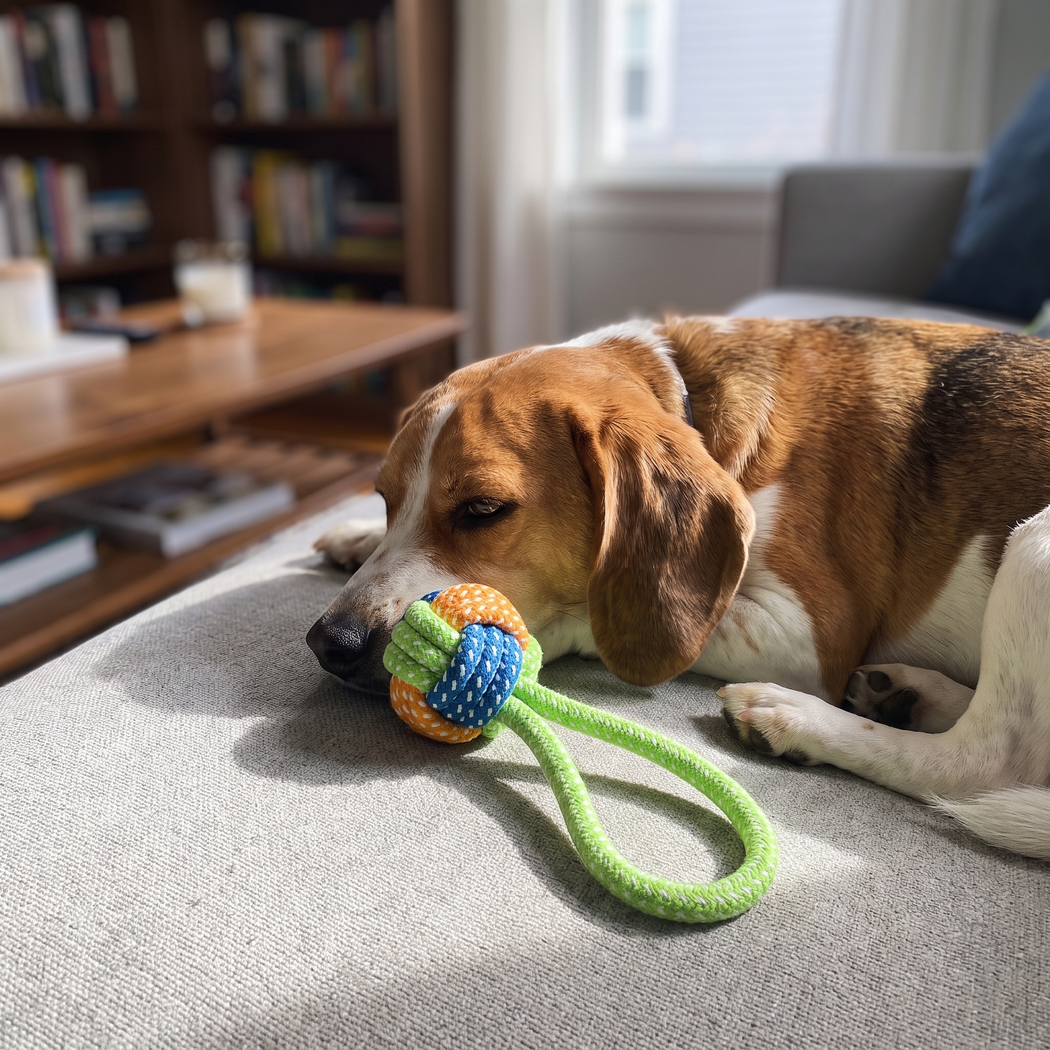 KauStark Hund entspannt mit Seilspielzeug auf dem Sofa