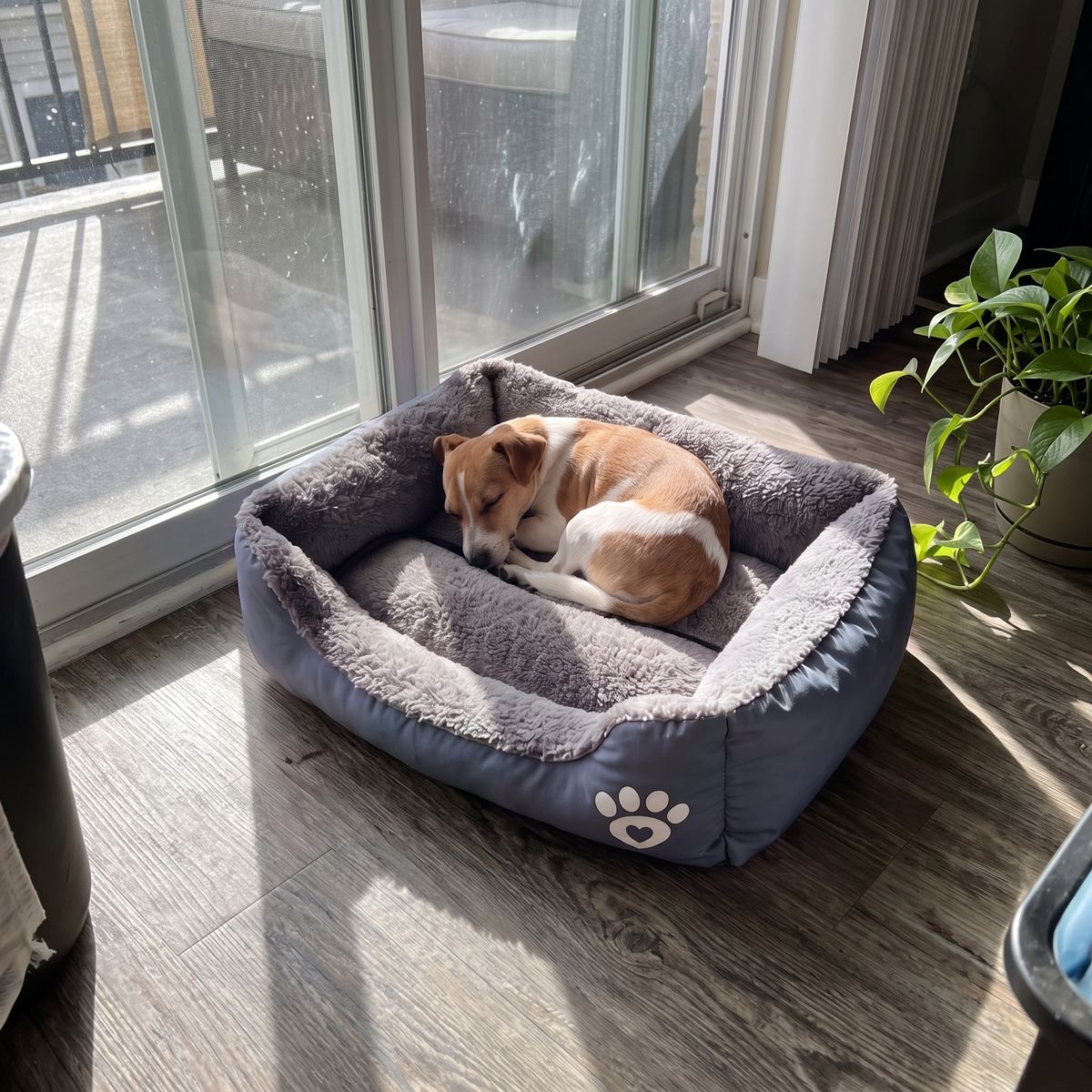 Kleiner Hund schläft zusammengerollt im kleinen grauen NapBox am Balkonfenster