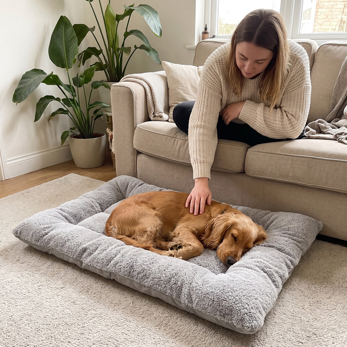 TeddyBed – Cocker Spaniel schläft im TeddyBed neben dem Sofa, die Besitzerin krault ihn
