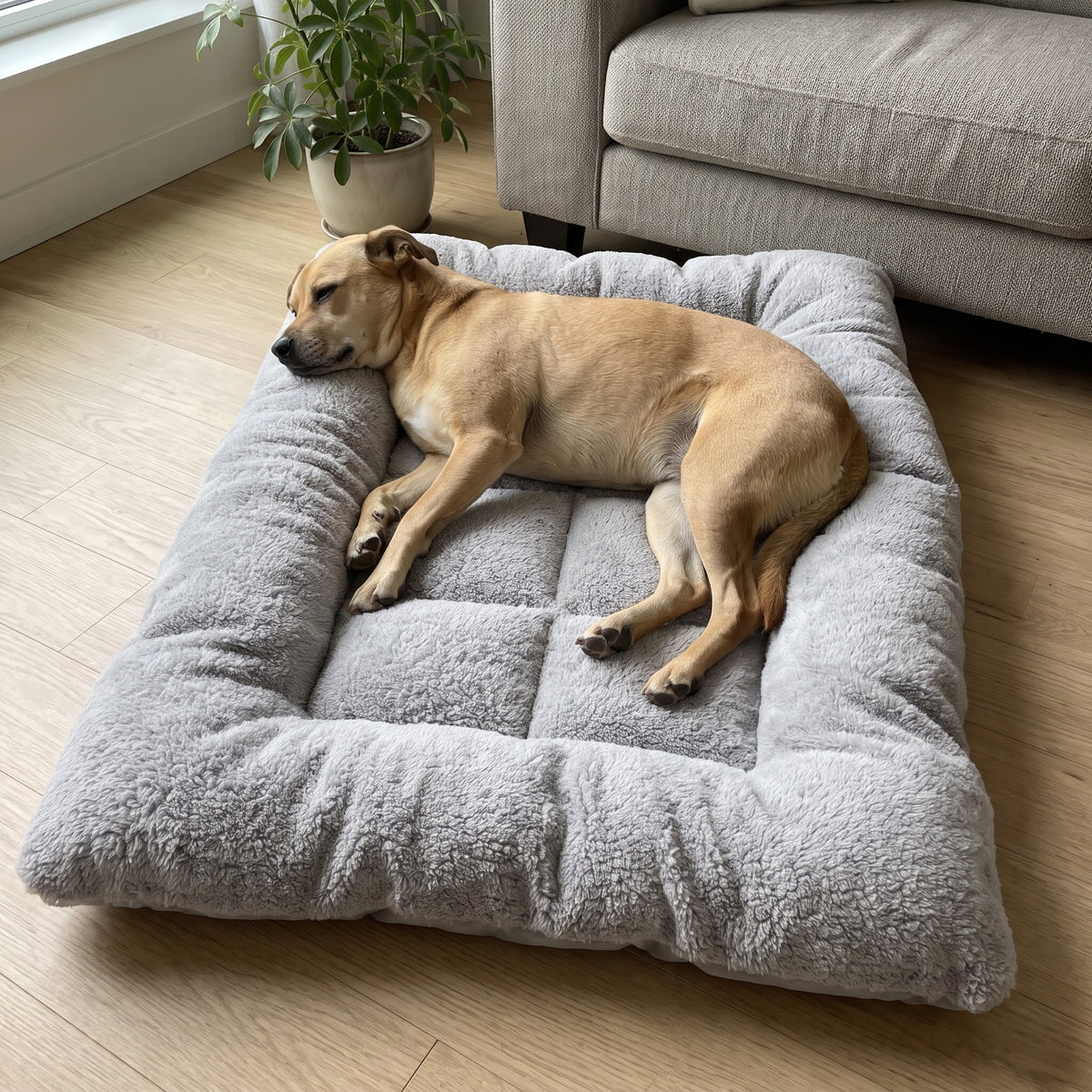 TeddyBed – Hund liegt auf der Seite, Rücken am weichen Kissenrand, Kopf auf dem Rand